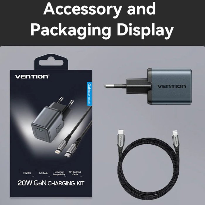 Vention Cargador de Pared GaN 20W con 1xUSB Tipo-C y Cable Lightning Gris